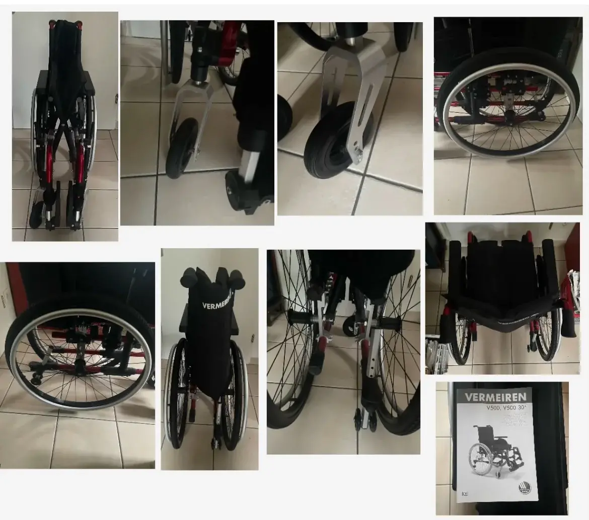 Fauteuil roulant manuel pliable noir et rouge en aluminium et tissu, en excellent état, avec roues arrière à